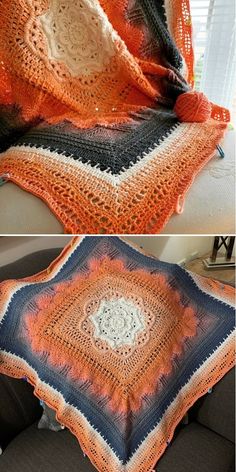 two pictures show the same crocheted blanket as they are being displayed on a couch