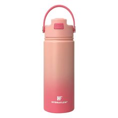 thermos water bottle is pink and has a handle