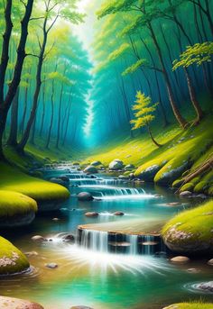 a painting of a stream running through a forest