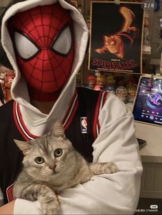 a cat sitting on top of a person wearing a spiderman hoodie and holding it's owner