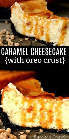 caramel cheesecake with oreo crust on top