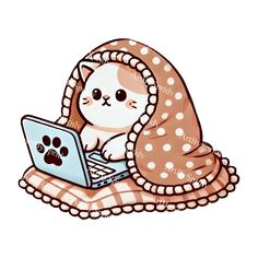 a cat sitting on top of a blanket using a laptop computer