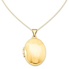 Simple and sleek, this darling locket pendant is a meaningful safe-keeper for special treasures. Fashioned in warm 14K gold, this oval-shaped locket features a bright buffed finish and opens to reveal space for a pair of small photos or mementos. A look she'll love and appreciate, this locket is polished to a brilliant shine and suspends freely along an 18.0-inch rope chain that secures with a spring-ring clasp. Elegant Oval Link Locket Necklace, Elegant Gold Oval Link Locket Necklace, Elegant Gold Locket Necklace With Oval Link, Elegant White Gold Oval Link Locket Necklace, Elegant Oval 14k Gold Locket Necklace, Elegant 14k Gold Oval Locket Necklace, Gold 14k Oval Pendant Locket Necklace, Classic Oval Locket Necklace Stamped 14k, Timeless Oval Yellow Gold Locket Necklace