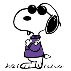 a cartoon dog with sunglasses and a sweater on, looking at something off to the side