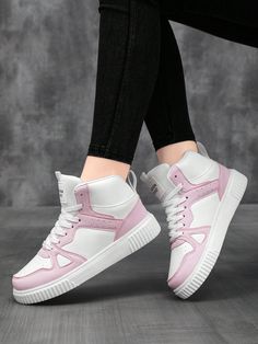 Women's Casual Color-Block Front Tie Fashionable High Top Sneakers, Sports Shoes, Canvas Shoes Baby Pink     Colorblock,Plain    Women Shoes, size features are:Bust: ,Length: ,Sleeve Length: Pink Sport Shoes, Mode Rose, Women Casual Shoes, White High Tops, Shoes Canvas, Pink Collar, Pink Collars, Athletic Sneakers, Sport Sneakers