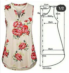 a women's blouse with flowers on it and measurements for the sleeveless top