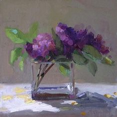 a painting of purple flowers in a glass vase