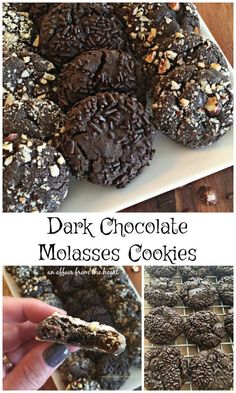 dark chocolate molasses cookies are stacked on top of each other, and one is half eaten