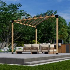 an outdoor living area with couches and tables