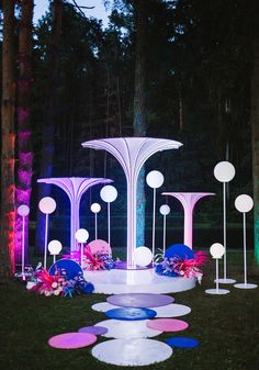 an artistic display in the middle of a park at night with lights and flowers all around it