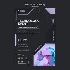 a poster with the words technology event and a photo of a person holding a virtual headset