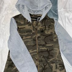 Make An Offer Very Cute Mid-Thigh Length Camo Jean Material Detachable Hoodie Sweatshirt Material Sleeves And Hood Never Worn Jeans Leather Jacket, Jean Jacket Hoodie, Camo Jeans, Jean Material, Kawaii Goth, Camo Hoodie, Camo Jacket, Emo Goth, Jeans Material