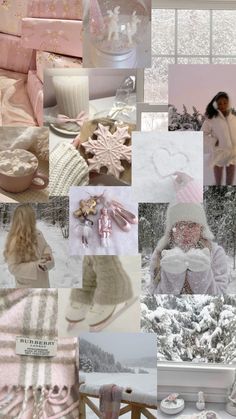 a collage of pink and white pictures with snowflakes