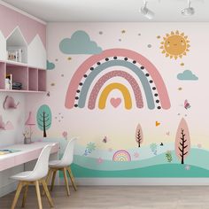 a child's room decorated in pastel colors with rainbows, clouds and trees