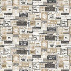 a wallpaper pattern with coffee related items on the side and words written in different languages