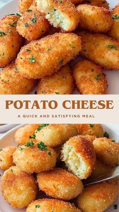 potato cheese is on a white plate with a fork in it and the words, potato cheese