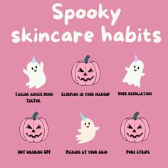 a pink poster with different types of spooky skincare habitts