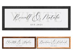 two framed wooden signs with the words, russell and kate