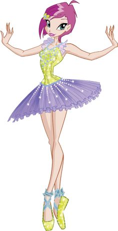 a cartoon girl in a purple and yellow dress