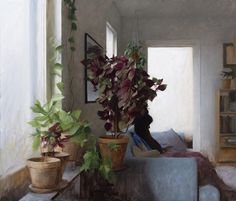 a painting of a person sitting on a couch next to potted plants