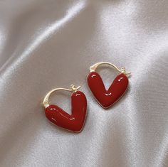 valentines day earrings, valentines inspo, red gold heart earrings, chunky hearts, galentines Work Accessories, Heart Dangle Earrings, Heart Shaped Earrings, Funky Jewelry, Jewelry Lookbook, Enamel Earrings, Accessories Fashion, Gold Accessories, Girly Jewelry