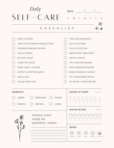 the daily self care checklist is shown in black and white, with flowers on it