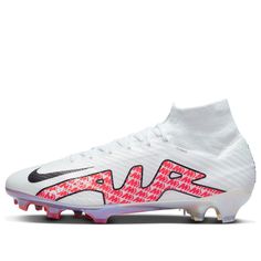 the nike vapor soccer shoe is shown in white with pink and black details on the upper part