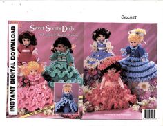 two pages of crochet patterns for doll clothes and dresses, with dolls in them