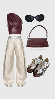 a woman's outfit with sunglasses, purse and shoes