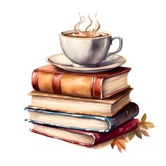 a stack of books with a cup of coffee on top