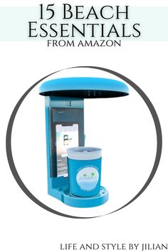 an advertisement for the beach essentials from amazon, featuring a blue phone booth and a round