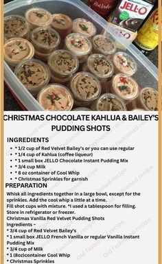 christmas chocolate kahlua and bailey's pudding shots recipe in a plastic container