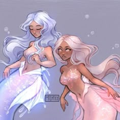 two mermaids are standing next to each other in the water with bubbles on them