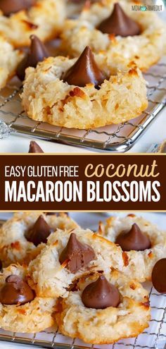 easy gluten free coconut macaroon blossom cookies with chocolate chips on top