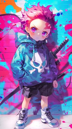 an anime character with pink hair standing in front of a graffiti wall and holding two swords