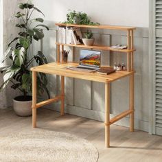 a wooden desk with a laptop on it in front of a potted plant and bookshelf