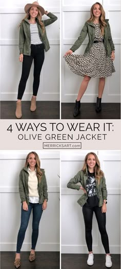 How To Wear A Green Jacket, One Jacket Many Outfits, Olive Green Utility Jacket Outfits, How To Style A Green Jacket, Khaki Utility Jacket Outfit, Green Olive Jacket Outfits, How To Style Green Jacket, Green Jacket Outfit Spring, Weekend Dress Outfit