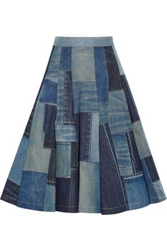 a women's denim skirt with patchwork on the front and side, in blue