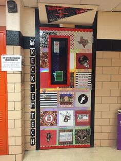 a door decorated with pictures and words on it in a school hallway or classroom room