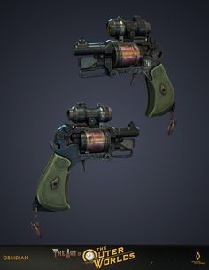 Outer Worlds Concept Art, Fantasy Revolver Concept Art, Fallout Laser Musket, Fallout New Vegas Ncr, Scifi Revolver, Sci Fi Revolver Concept, Hellboy Art