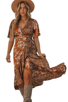 Brown Floral Print Ruffled Lace Up Wrap V Neck Midi Dress Fall Beach Maxi Dress With Ruffle Hem, Fall Maxi Dress With Ruffle Hem For Beach, Brown Ruffled Maxi Dress For Spring, Brown Ruffle Hem Dress For Vacation, Brown Short Sleeve Maxi Dress For Summer, Beach Midi Dress With Ruffle Hem For Fall, Bohemian Brown Midi Dress With Ruffles, Brown Ruffle Hem Dress For Beach, Brown Ruffled Summer Dress