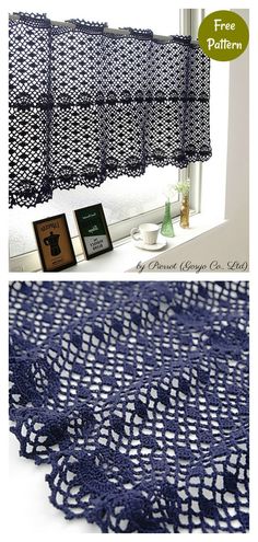 two pictures showing the same blue crochet pattern and one with an open window curtain