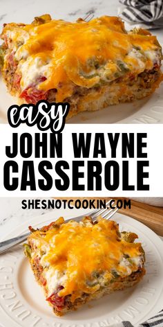 John Wayne Casserole on a white plate with a fork. Bisquick Recipes Dinner, Cheesy Casserole Recipes, John Wayne Casserole, Interesting Story, Fry Recipes