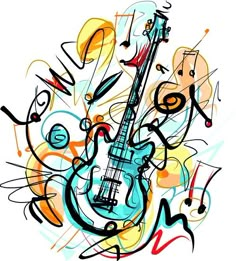 an abstract drawing of a guitar and music notes