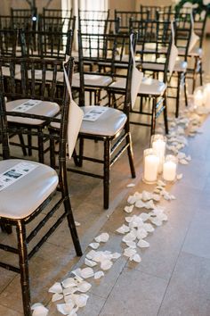 rows of chairs with white petals on the floor