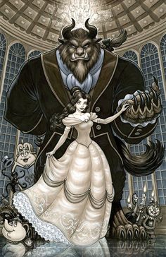 an illustration of a man and woman dressed as beast