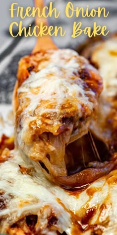 a close up of a piece of pizza on a plate with the words french onion chicken bake