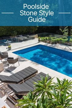 the pool side stone style guide is shown with chairs and tables next to an empty swimming pool