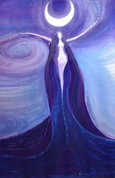 an abstract painting with blue and purple colors, the image shows a woman standing in front of a full moon