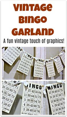 an image of vintage bingo garlands with numbers on them and the words, vintage bingo garland